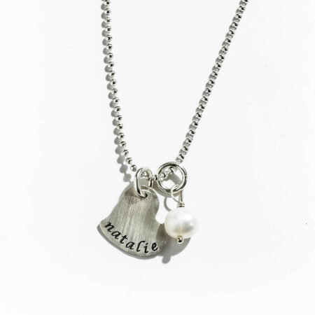 Perfect name jewelry for wife, mom. Hand stamped sterling silver heart with a fresh water pearl