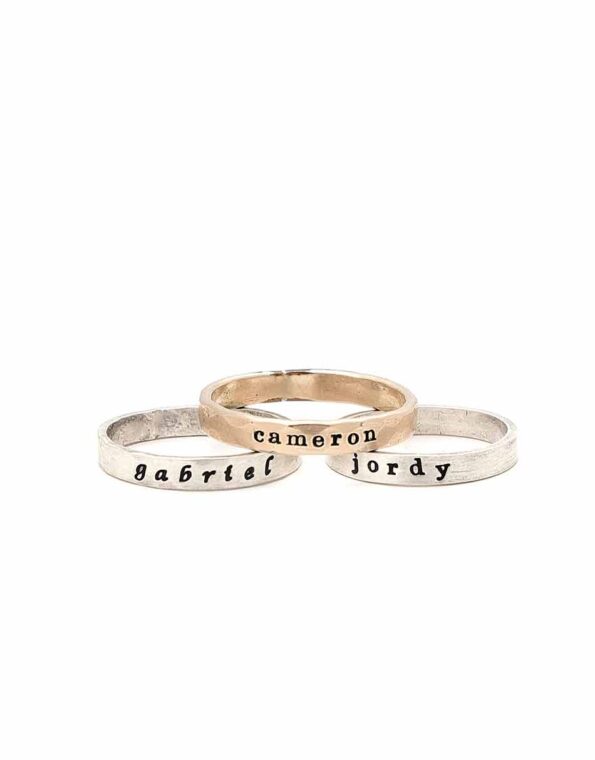 Sterling Silver and Gold Rings with names hand stamped.
