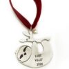 Customize sloth with names, date or message. Hangs on a beautiful red velvet and a freshwater pearl
