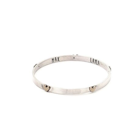 5 hearts on a beautiful bangle with the names of your loved ones hand stamped on the inside.