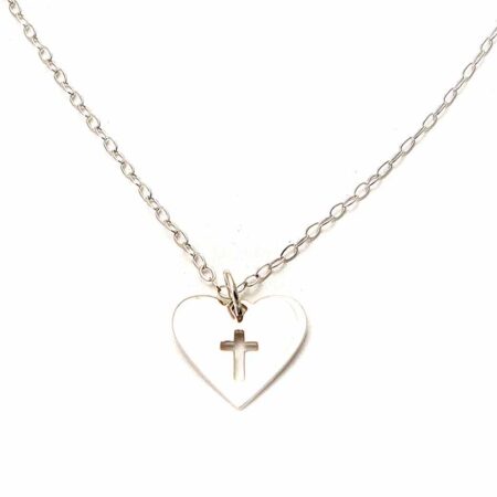 Sterling silver heart with a cross cut out in the middle and hung on a beautiful sterling silver dainty chain. Perfect for girls of any age
