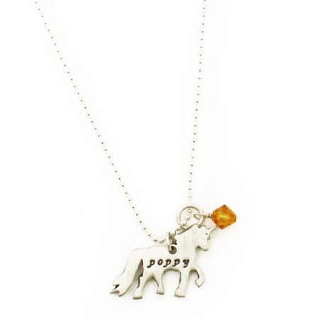 A unicorn charm with the name of your lovely daughter engraved on it. Add her birthstone to this charm.