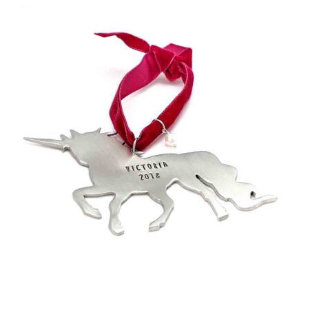 Beautiful and dazzling Unicorn ornament for your little one. Cast in fine pewter, get a name, date, or message hand-stamped.